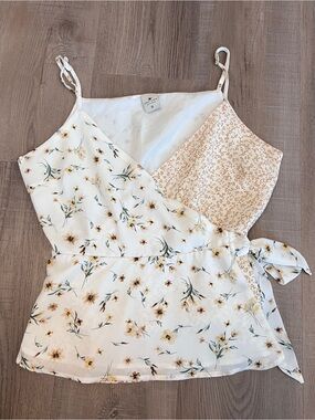 Paper Crane Ivory Floral V-neck Peplum Top w/ Tie-side Detail